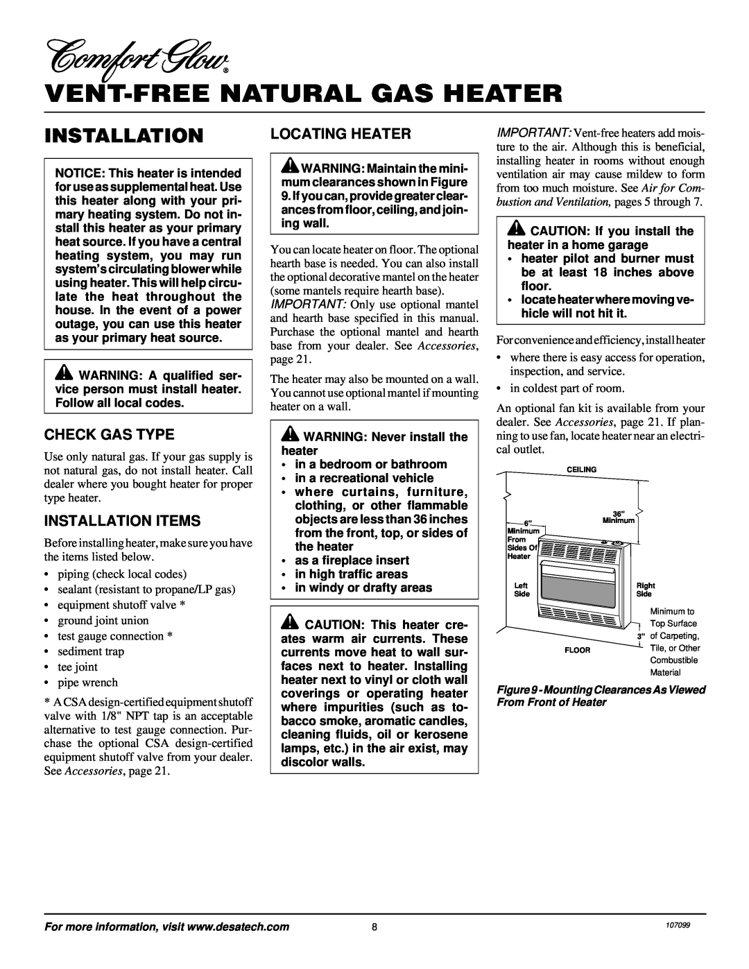 Desa RFN30TA installation manual Locating Heater, Check Gas Type, Installation Items, Vent-Freenatural Gas Heater 