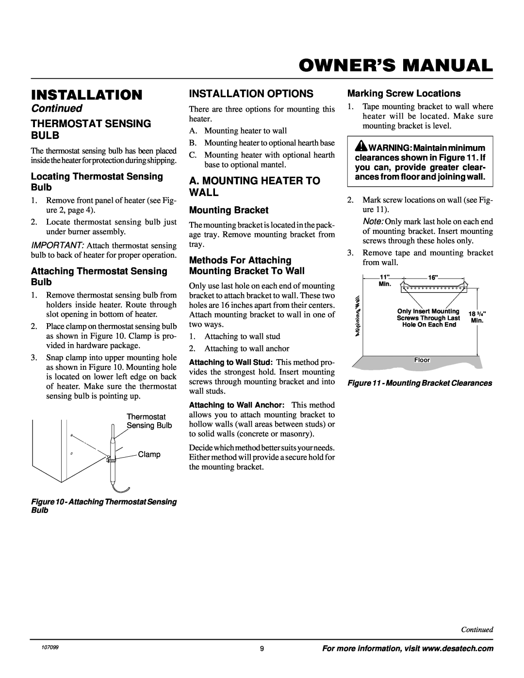 Desa RFN30TA Installation Options, A. Mounting Heater To Wall, Locating Thermostat Sensing Bulb, Mounting Bracket 