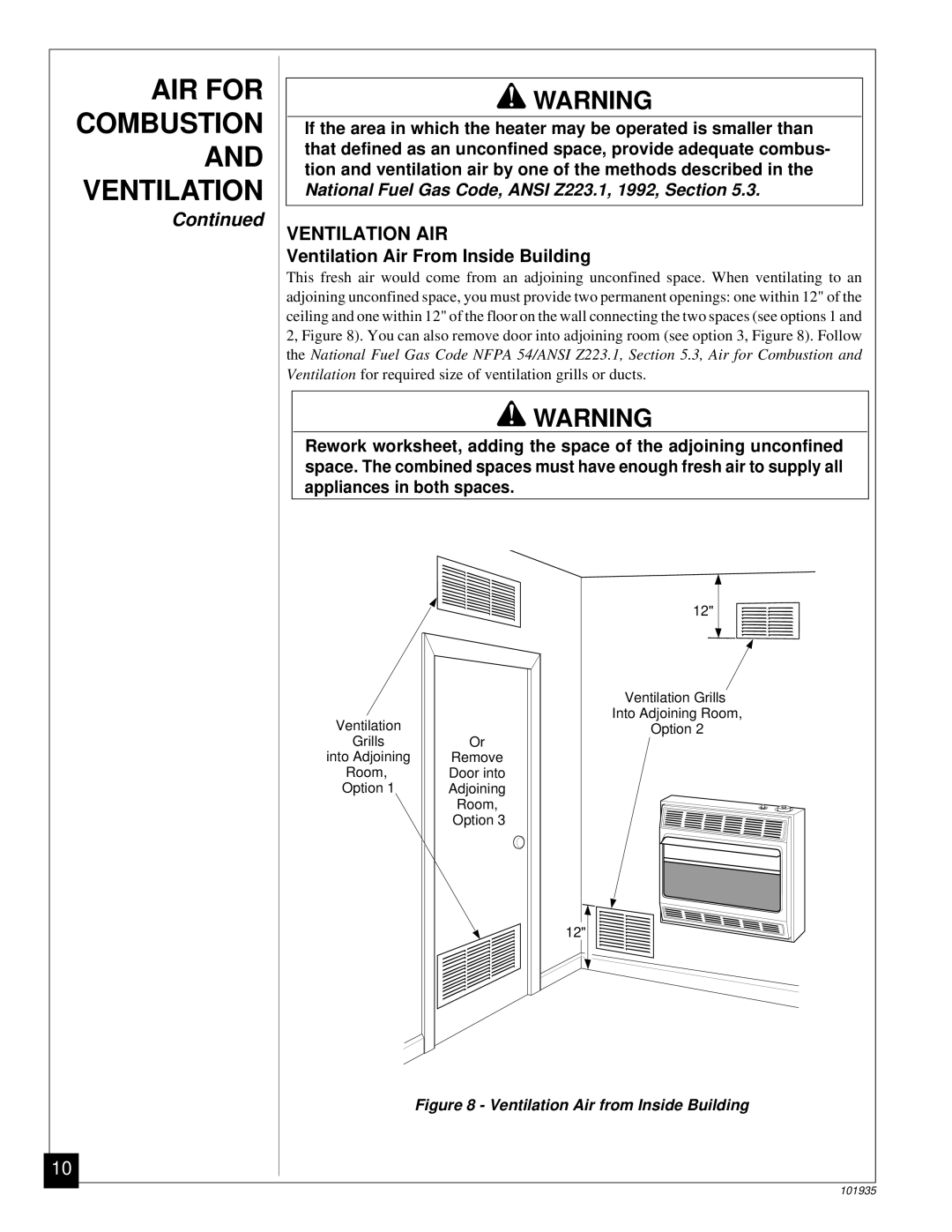 Desa RFP28TB installation manual Ventilation AIR, Ventilation Air From Inside Building, Appliances in both spaces 