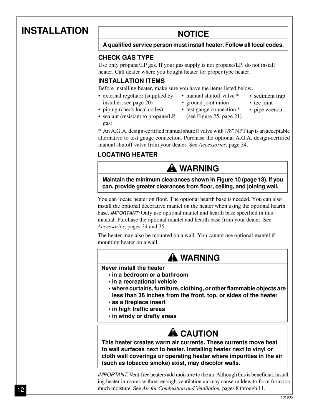 Desa RFP28TB installation manual Check GAS Type, Installation Items, Locating Heater 