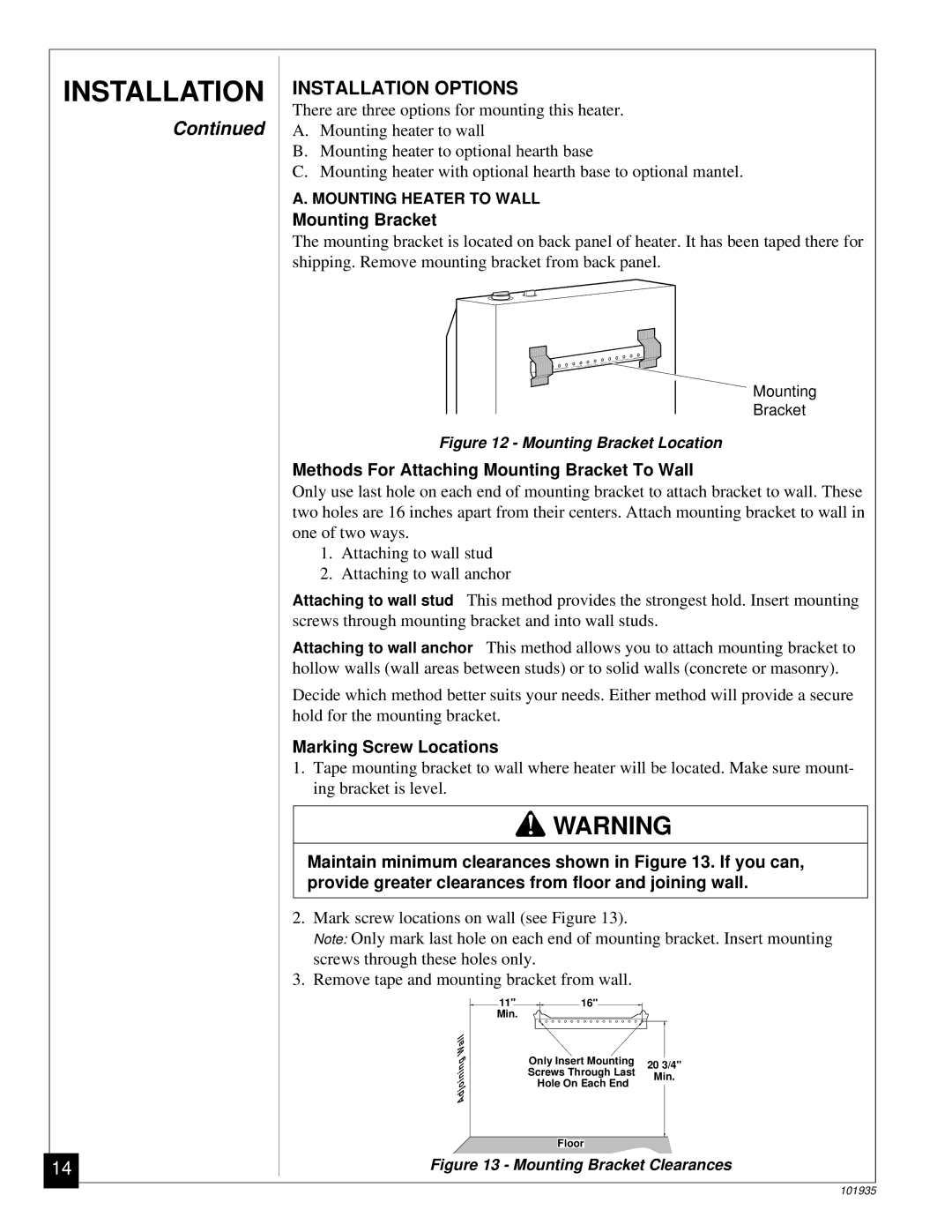 Desa RFP28TB Installation Options, Methods For Attaching Mounting Bracket To Wall, Marking Screw Locations 