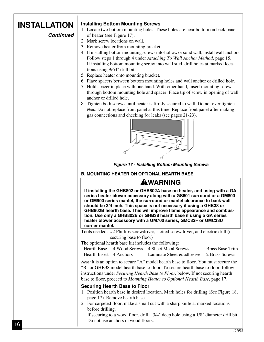 Desa RFP28TB installation manual Securing Hearth Base to Floor, Mounting Heater on Optional Hearth Base 