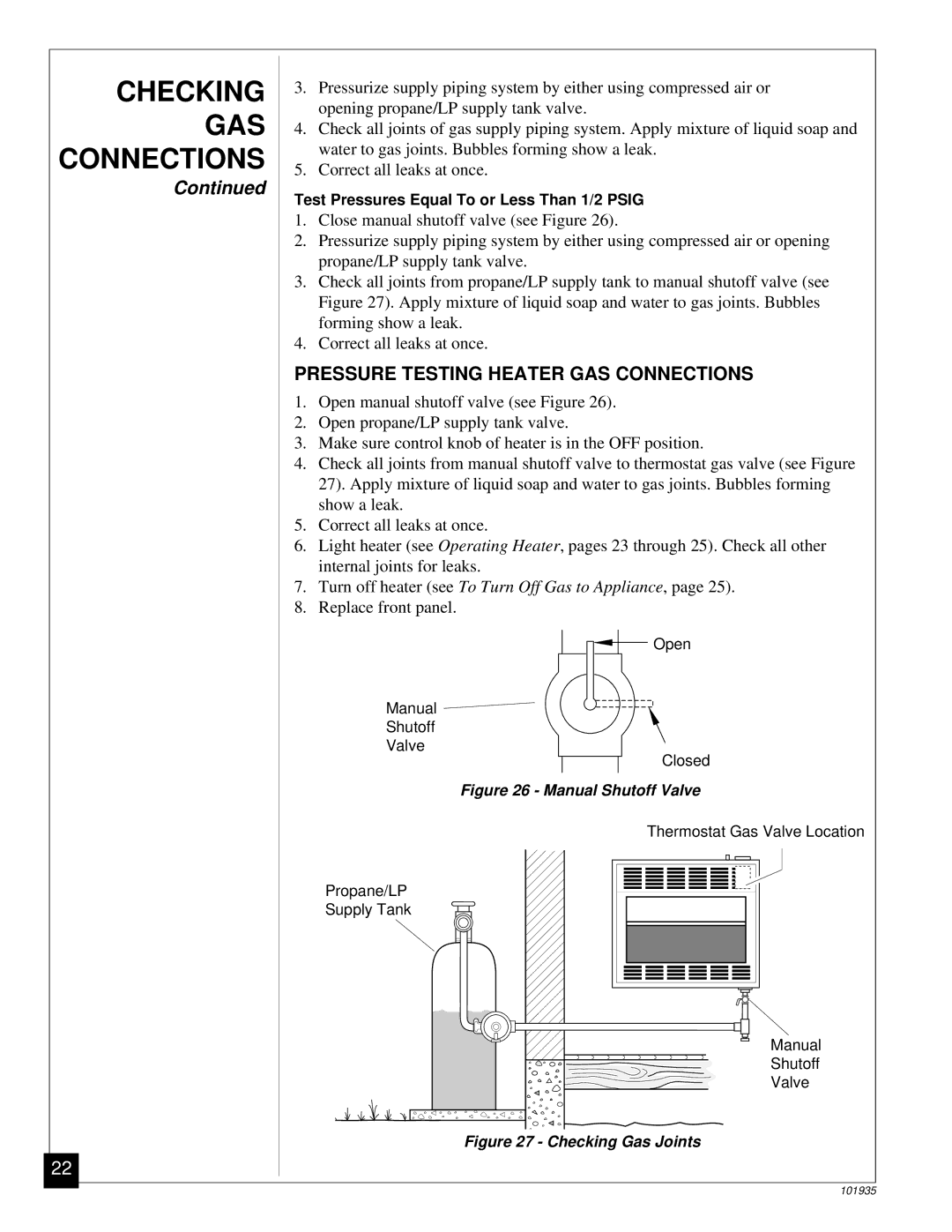 Desa RFP28TB installation manual Checking, Pressure Testing Heater GAS Connections 