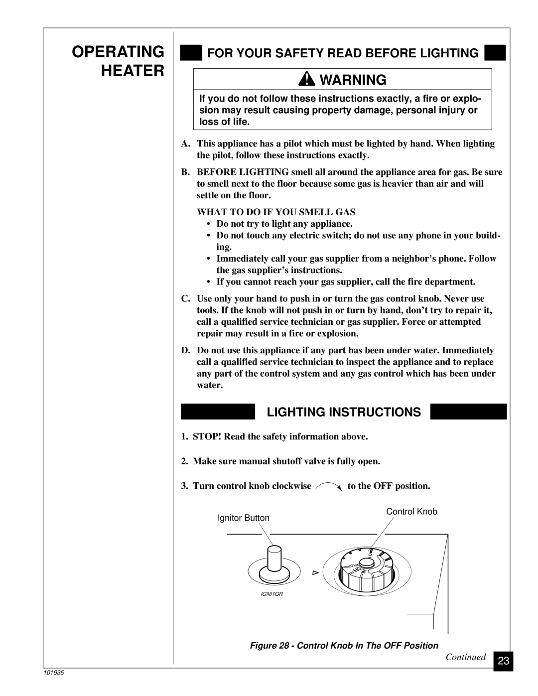 Desa RFP28TB installation manual Operating Heater, For Your Safety Read Before Lighting 