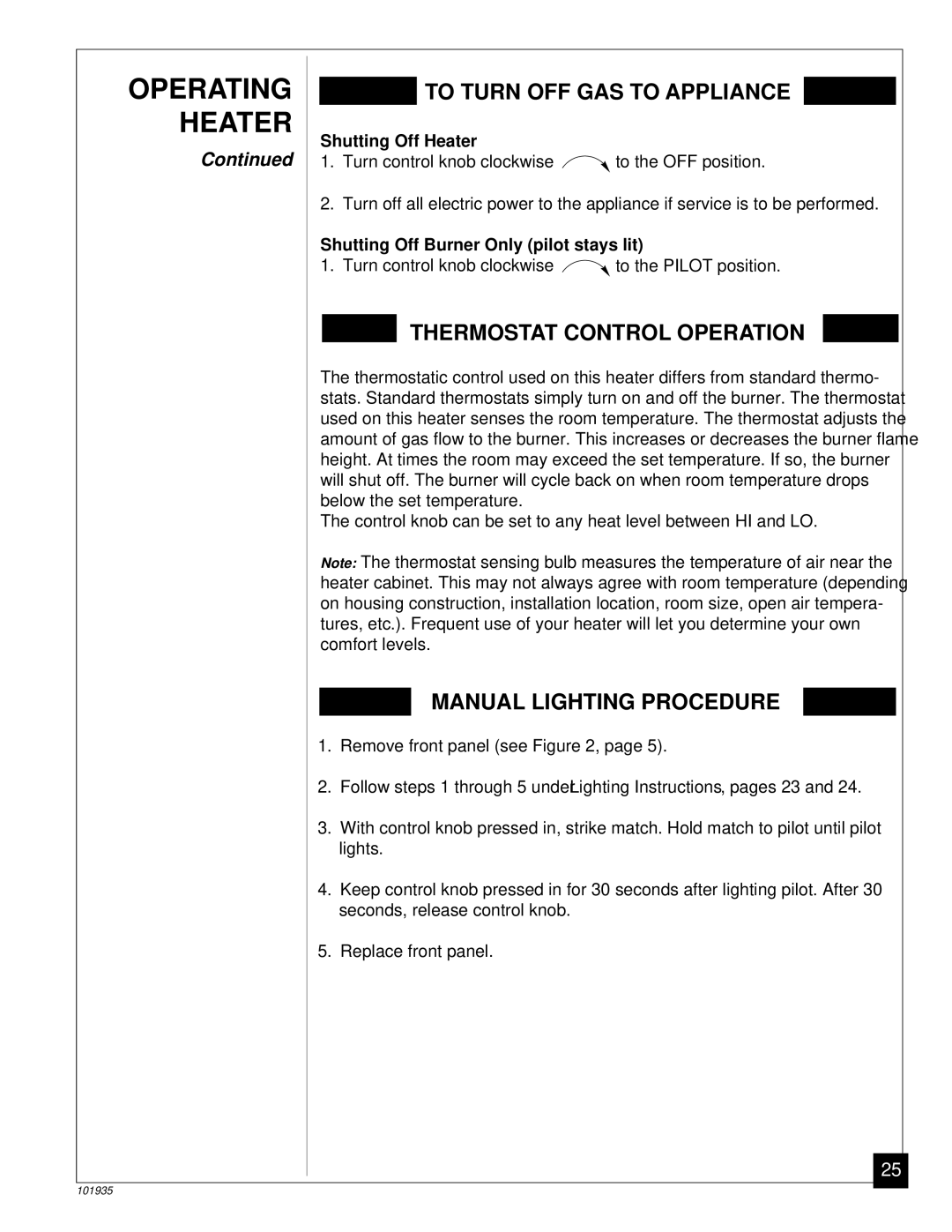 Desa RFP28TB installation manual Shutting Off Heater, Shutting Off Burner Only pilot stays lit 