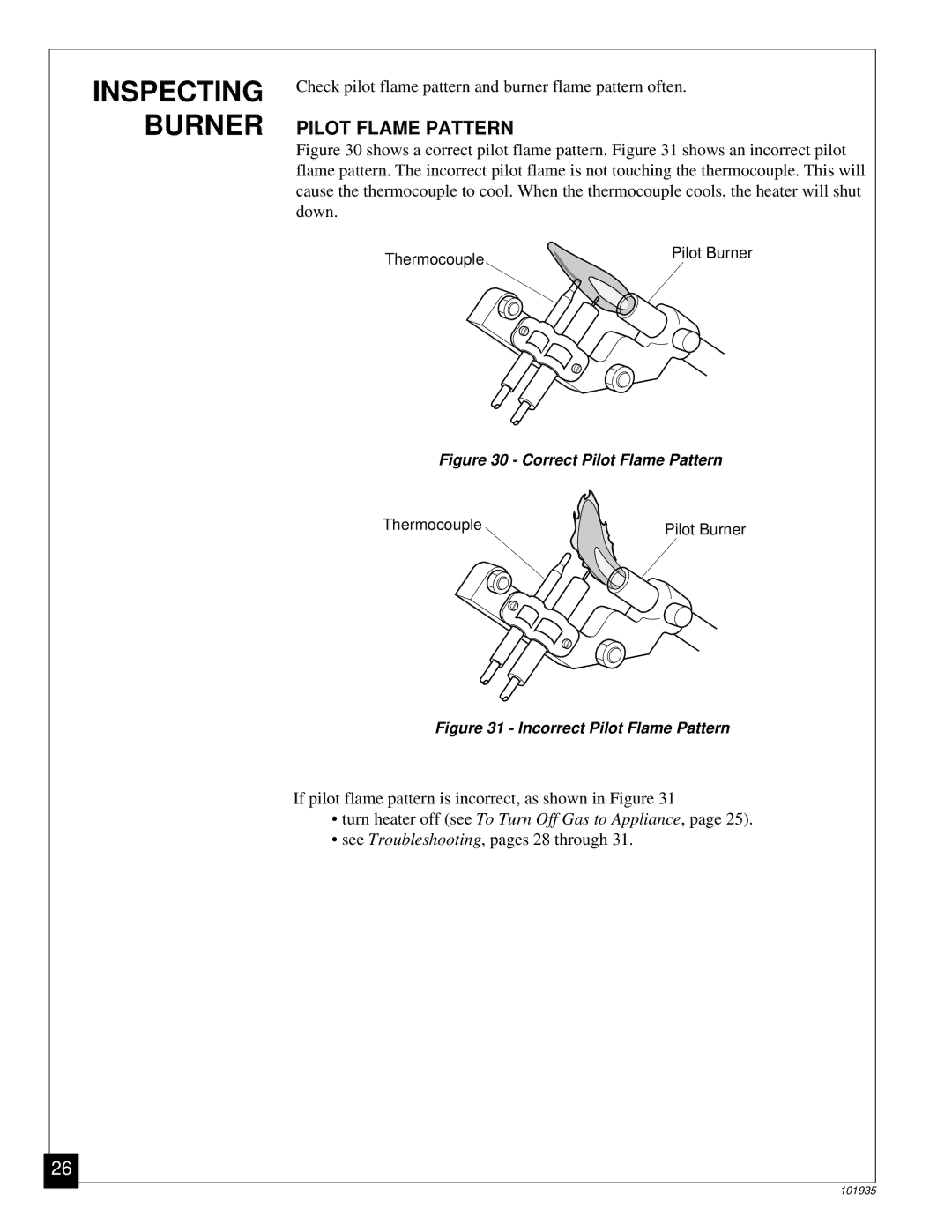 Desa RFP28TB installation manual Inspecting Burner, Pilot Flame Pattern 