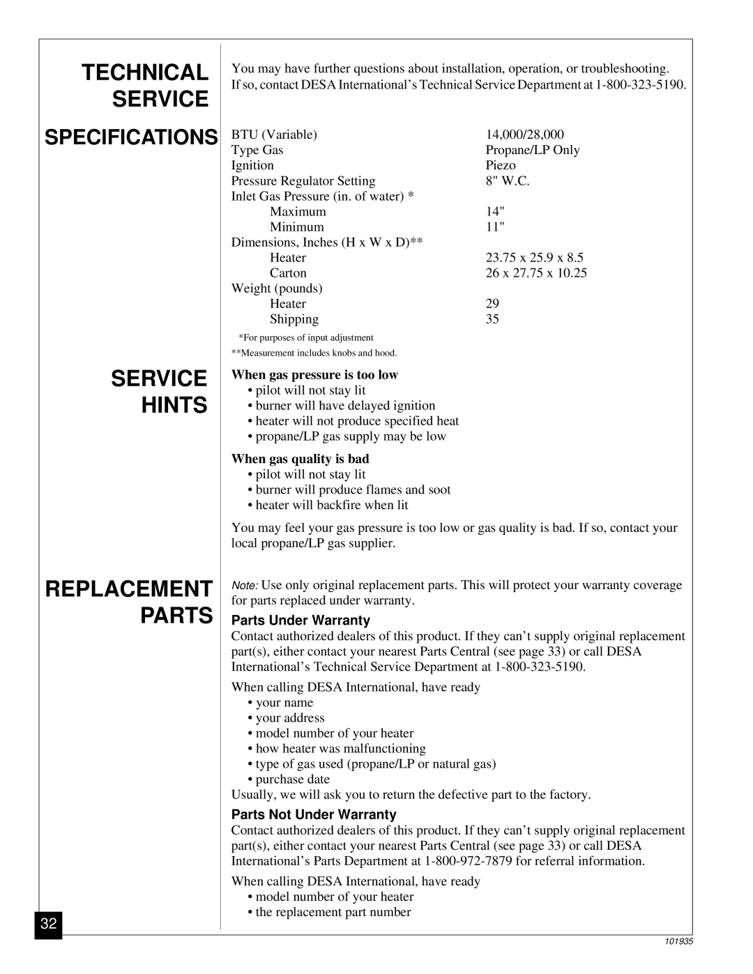 Desa RFP28TB installation manual Technical, Service, Hints, Replacement Parts 