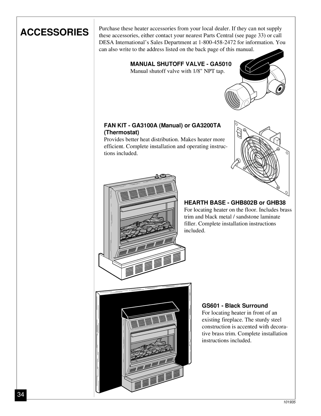 Desa RFP28TB installation manual Accessories, FAN KIT GA3100A Manual or GA3200TA Thermostat, Hearth Base GHB802B or GHB38 