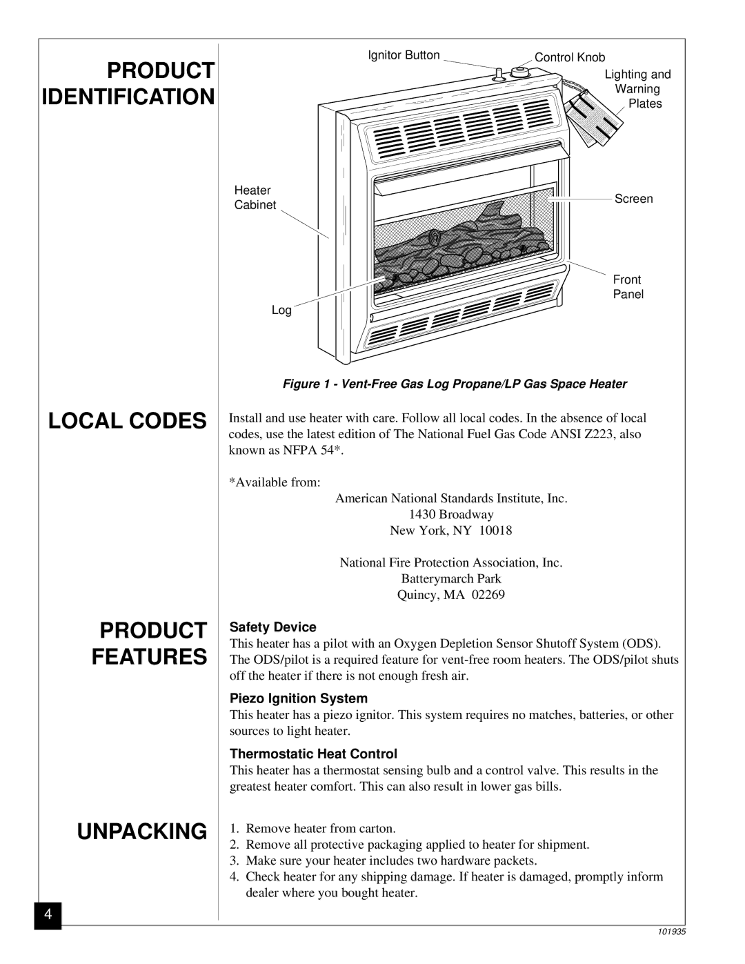 Desa RFP28TB installation manual Product Identification, Safety Device, Piezo Ignition System, Thermostatic Heat Control 