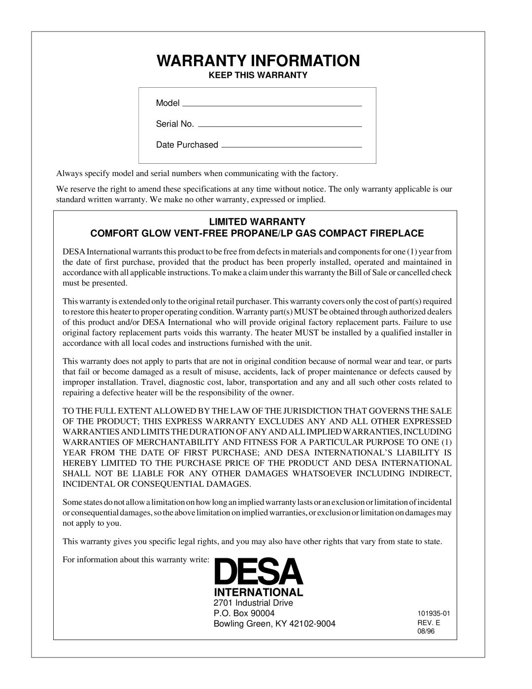 Desa RFP28TB installation manual Warranty Information, Keep this Warranty 