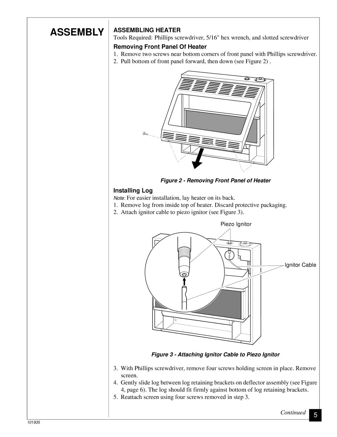 Desa RFP28TB installation manual Assembly, Removing Front Panel Of Heater, Installing Log 