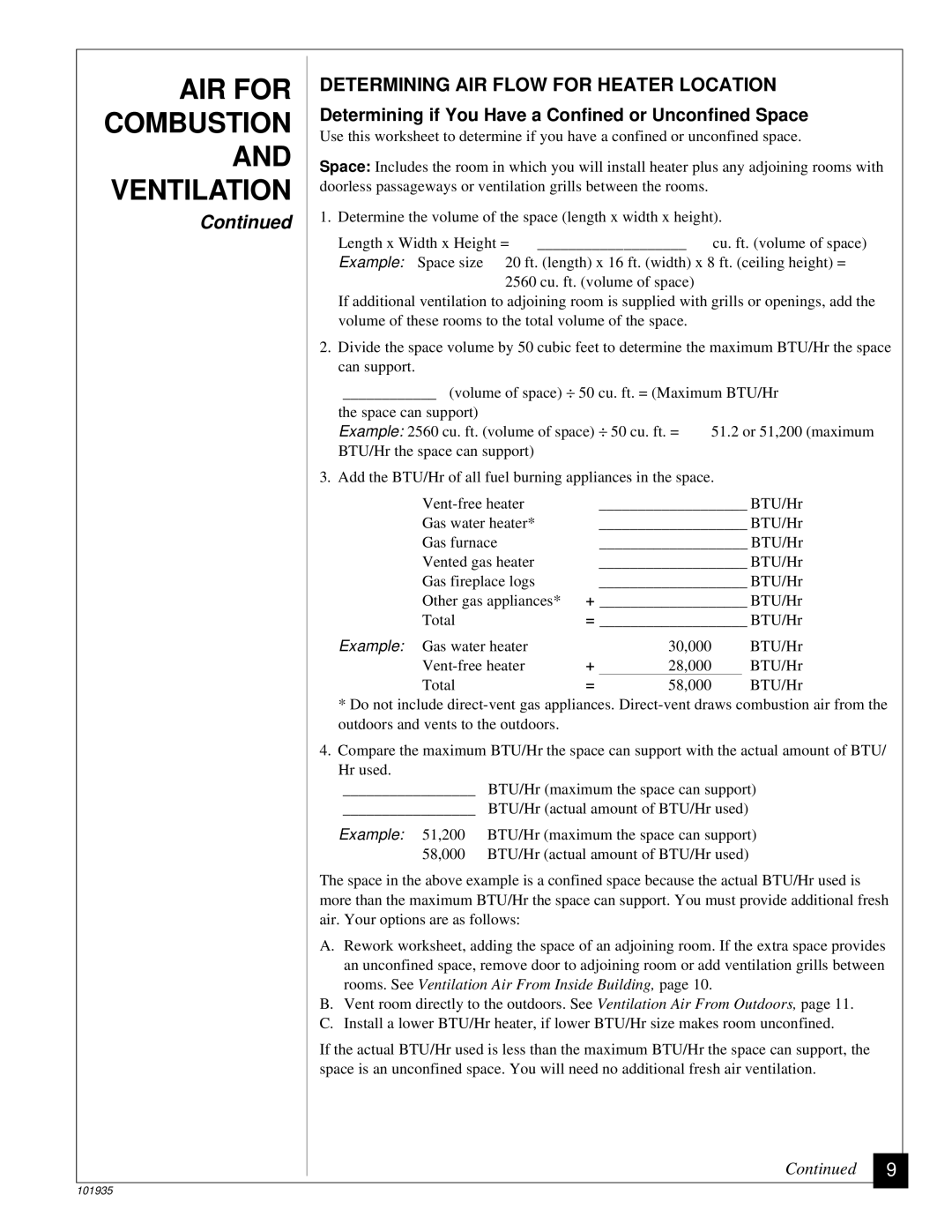 Desa RFP28TB installation manual AIR for Combustion and Ventilation, Determining AIR Flow for Heater Location 