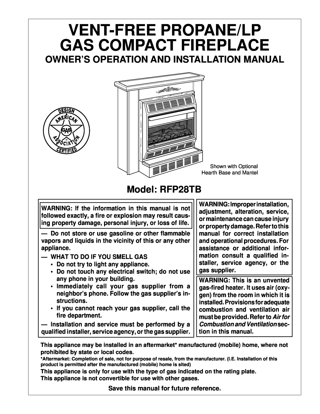 Desa RFP28TB installation manual Vent-Free Propane/Lp Gas Compact Fireplace, Owner’S Operation And Installation Manual 