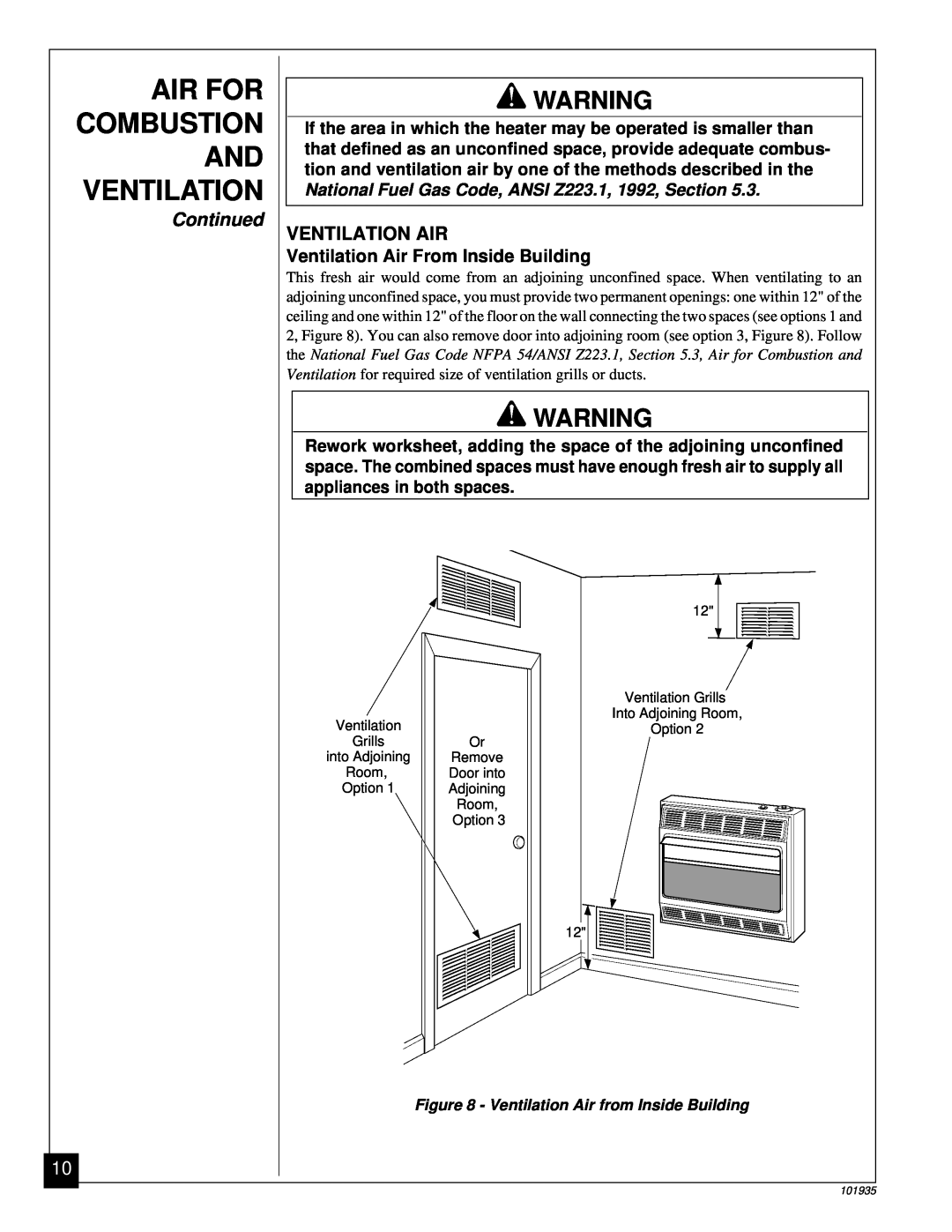 Desa RFP28TB Ventilation Air, If the area in which the heater may be operated is smaller than, appliances in both spaces 