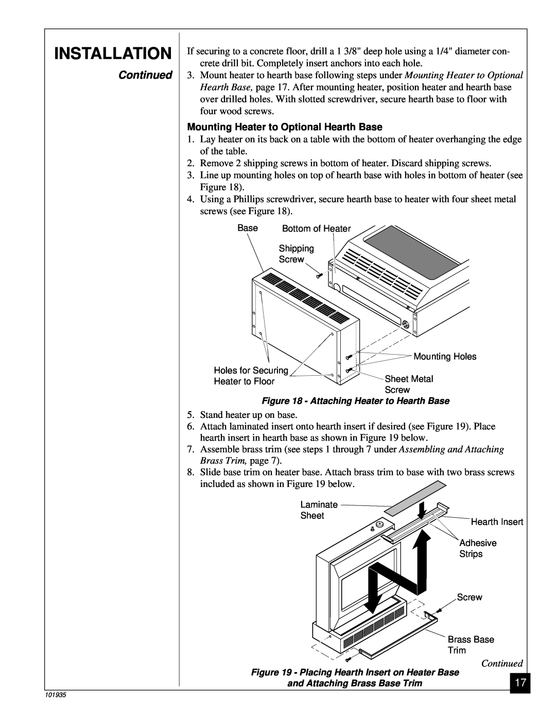 Desa RFP28TB installation manual Mounting Heater to Optional Hearth Base, Installation, Continued 