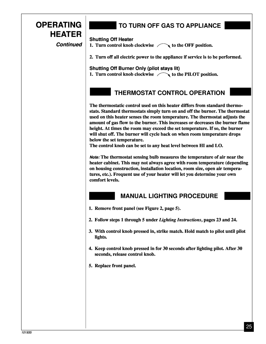 Desa RFP28TB To Turn Off Gas To Appliance, Thermostat Control Operation, Manual Lighting Procedure, Shutting Off Heater 