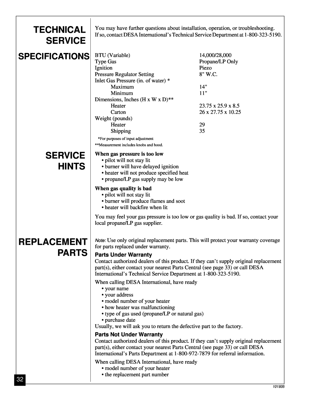 Desa RFP28TB Technical, Service, Hints, Replacement, Parts Under Warranty, Parts Not Under Warranty, Specifications 