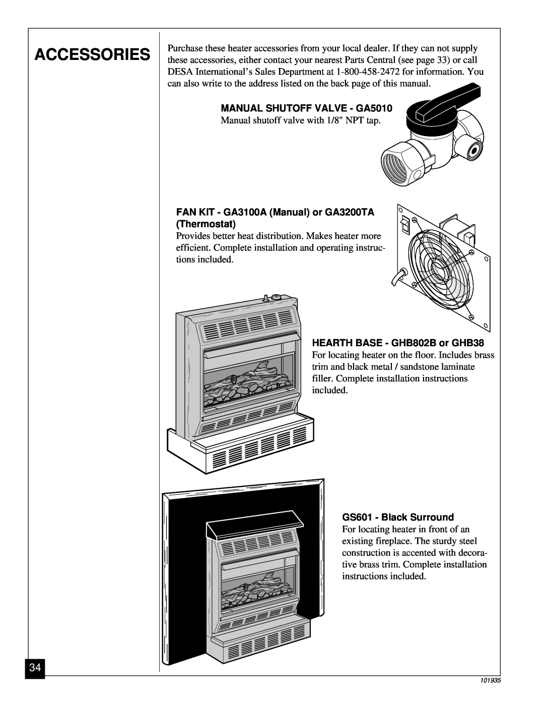 Desa RFP28TB Accessories, MANUAL SHUTOFF VALVE - GA5010, FAN KIT - GA3100A Manual or GA3200TA Thermostat 