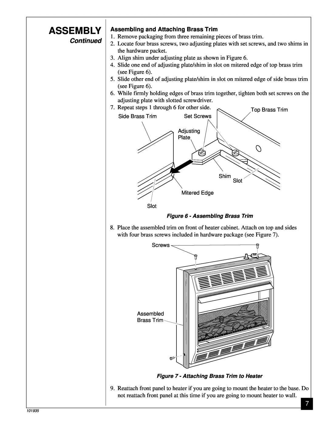 Desa RFP28TB installation manual Assembly, Assembling and Attaching Brass Trim, Continued 