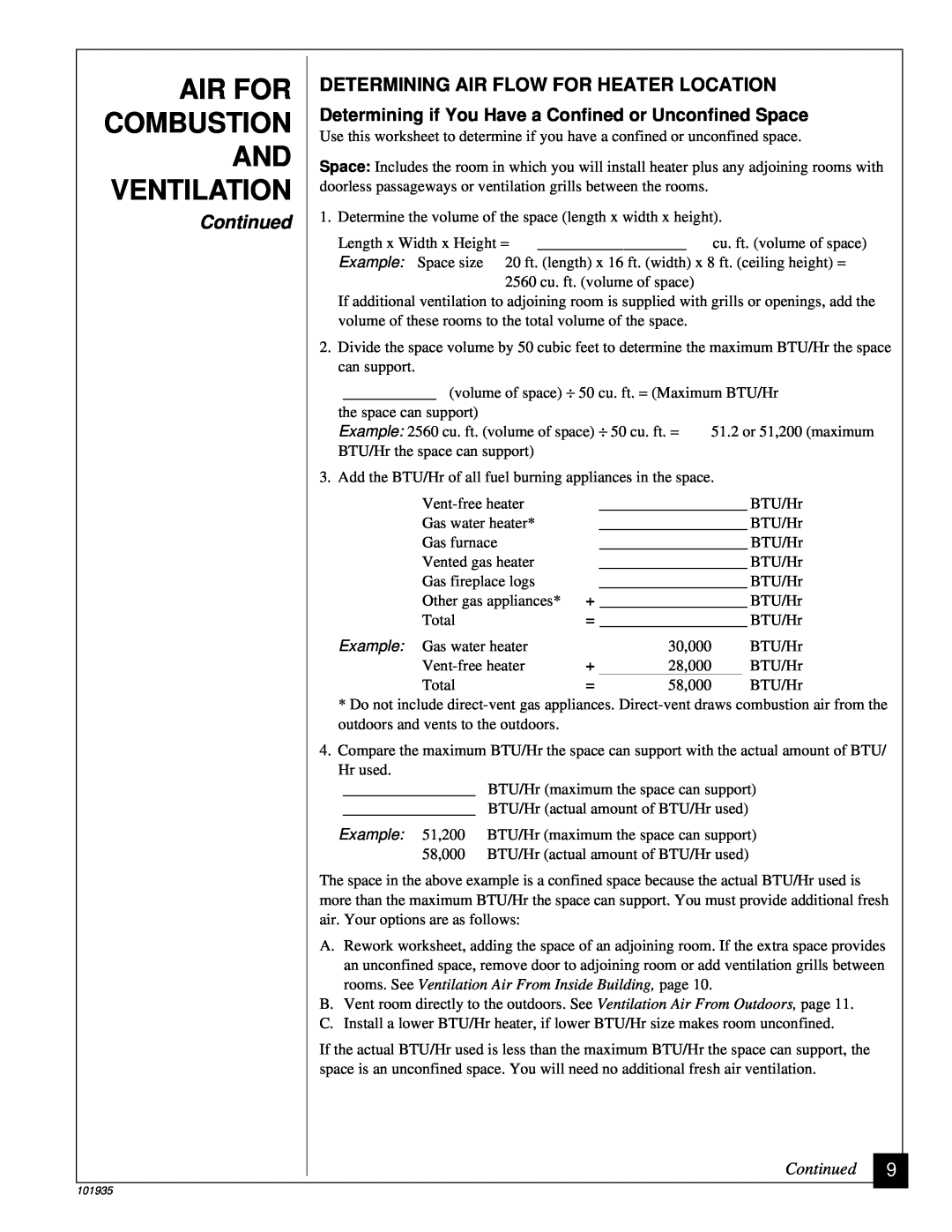 Desa RFP28TB Air For Combustion And Ventilation, Determining Air Flow For Heater Location, Continued, Example 51,200 