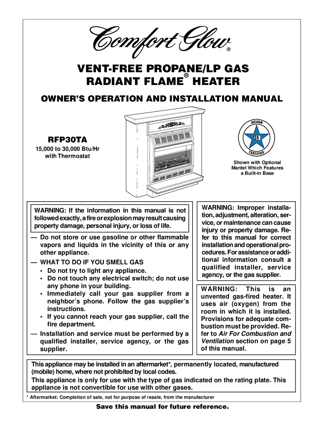 Desa RFP30TA installation manual OWNER’S Operation and Installation Manual, What to do if YOU Smell GAS 