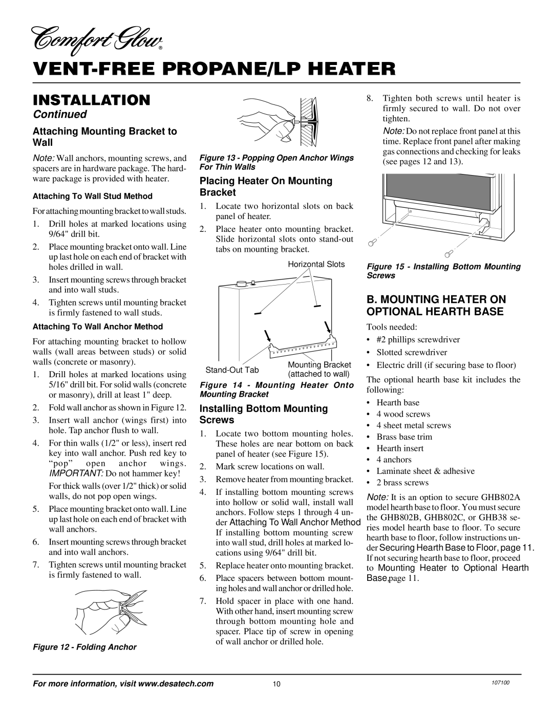 Desa RFP30TA installation manual Mounting Heater on Optional Hearth Base, Attaching Mounting Bracket to Wall 