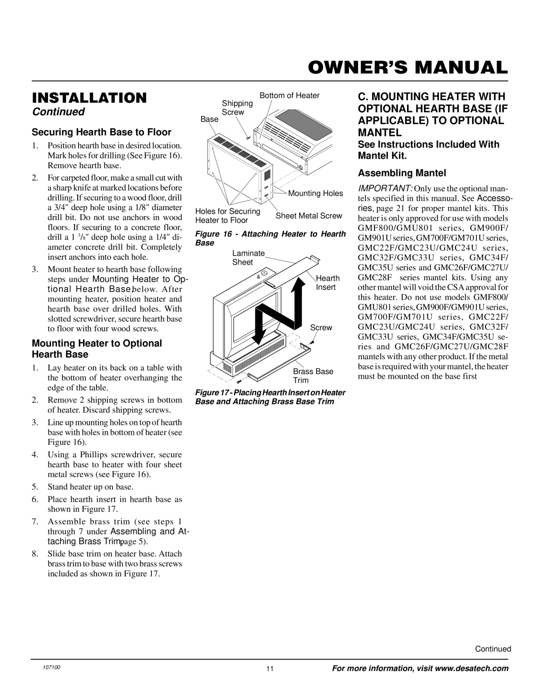 Desa RFP30TA installation manual Securing Hearth Base to Floor, See Instructions Included With Mantel Kit Assembling Mantel 