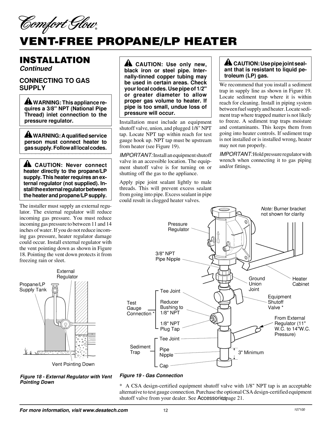 Desa RFP30TA installation manual Connecting to GAS Supply, External Regulator with Vent Pointing Down 