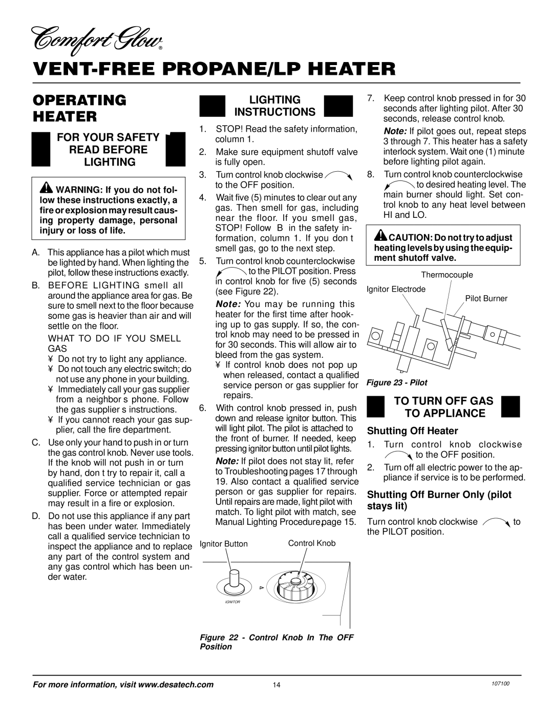 Desa RFP30TA Operating Heater, For Your Safety Read Before Lighting, Lighting Instructions, To Turn OFF GAS To Appliance 