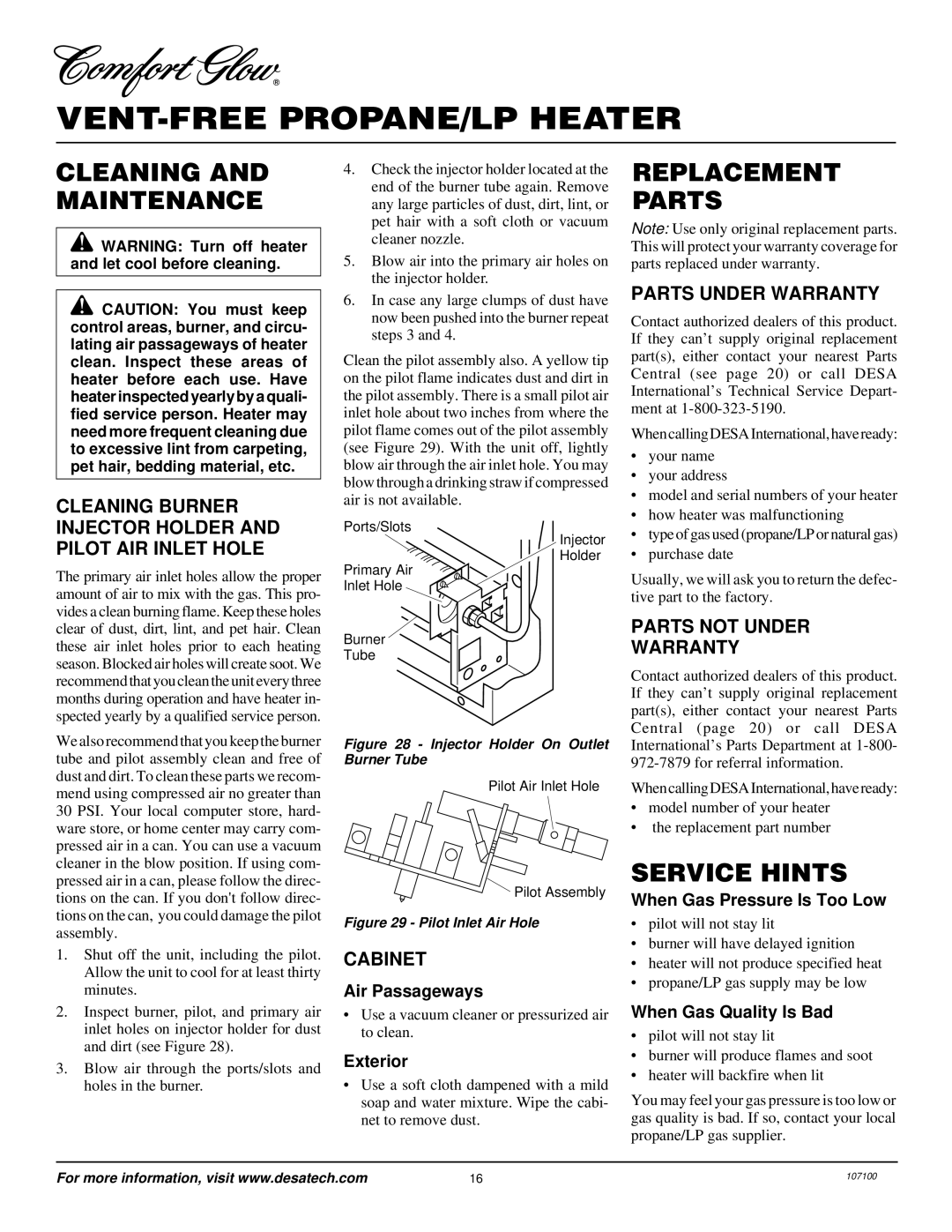 Desa RFP30TA installation manual Cleaning and Maintenance, Replacement Parts, Service Hints 