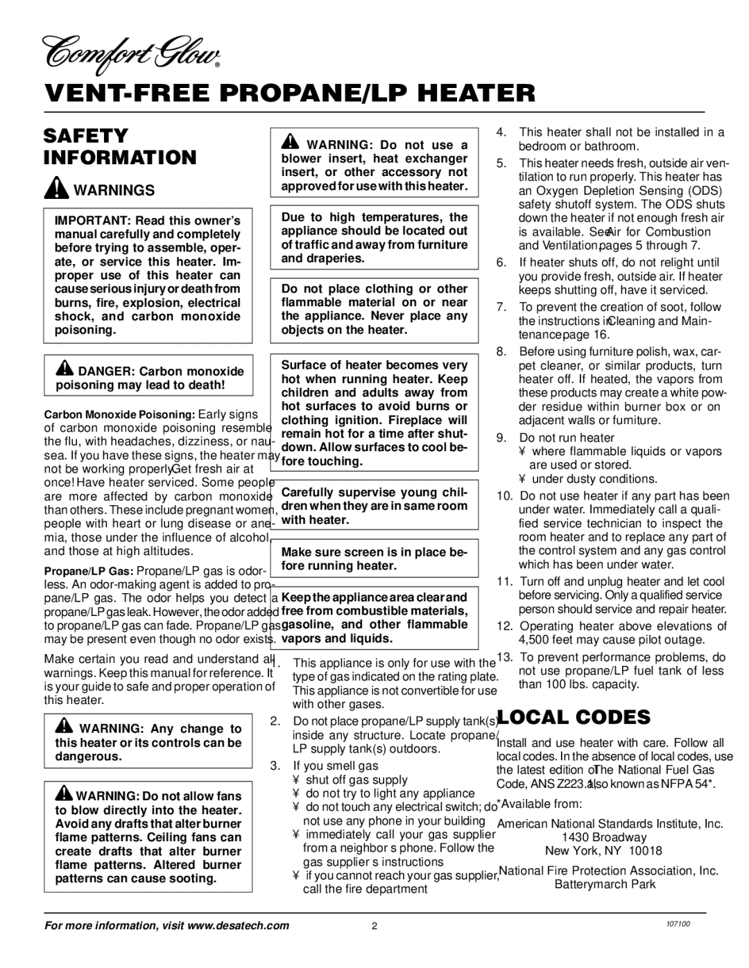 Desa RFP30TA installation manual Safety Information, Local Codes 