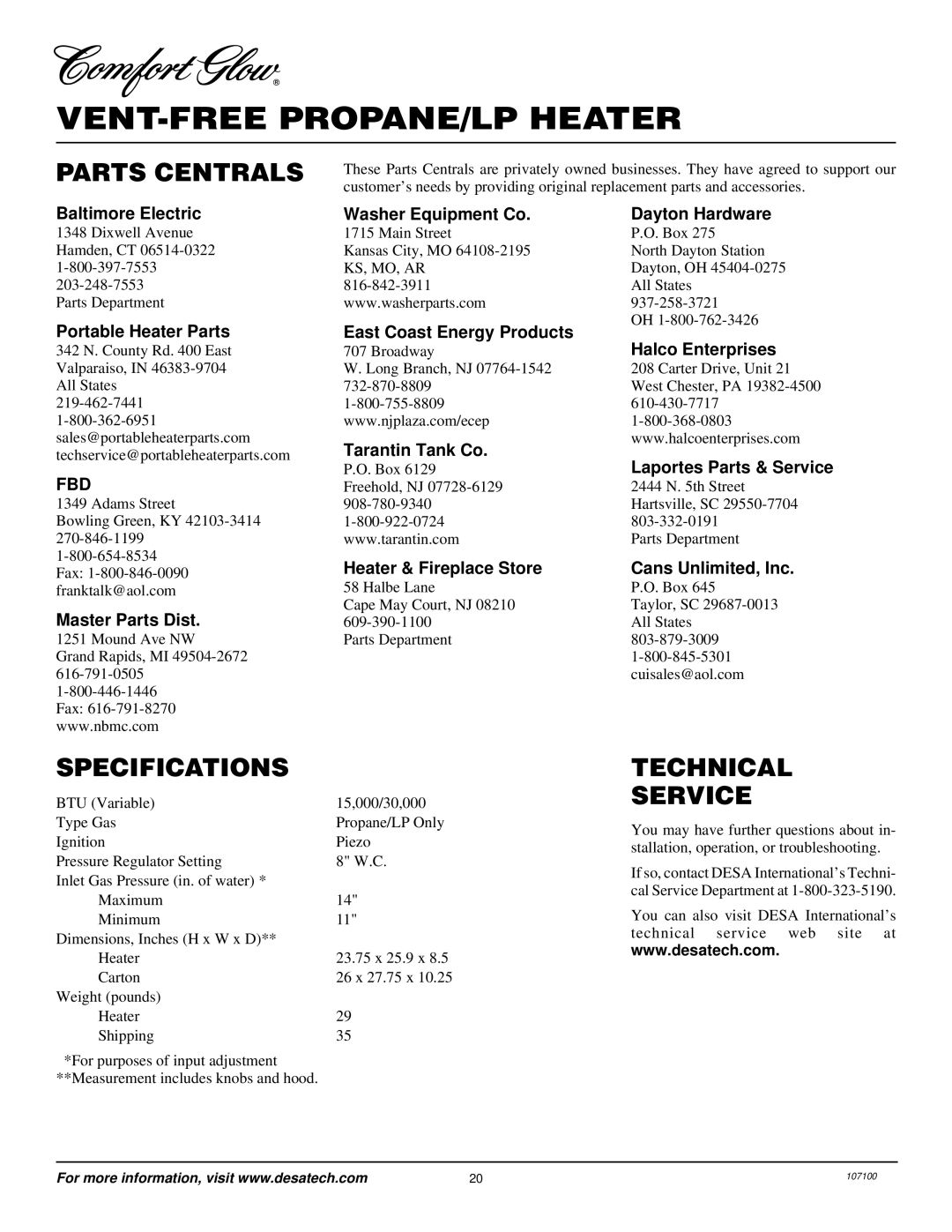 Desa RFP30TA installation manual Parts Centrals, Specifications, Technical Service 