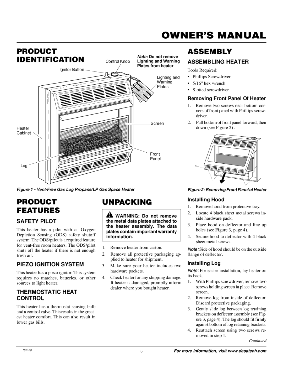 Desa RFP30TA installation manual Product Identification, Assembly, Product Features, Unpacking 