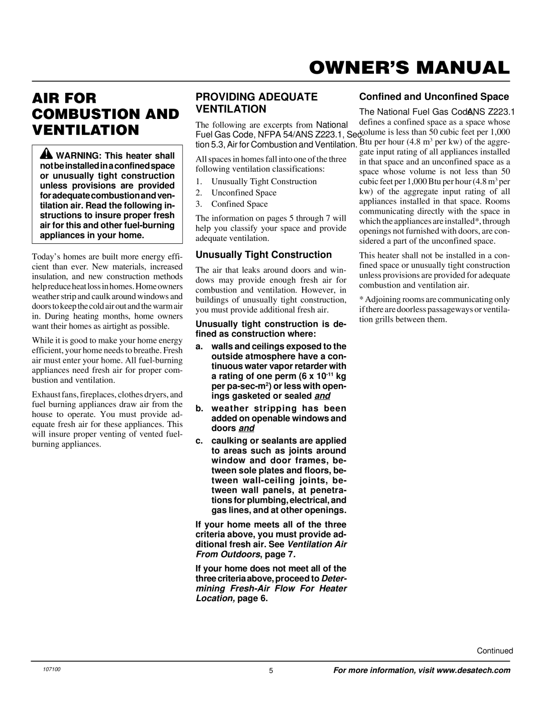 Desa RFP30TA AIR for Combustion and Ventilation, Providing Adequate Ventilation, Unusually Tight Construction 