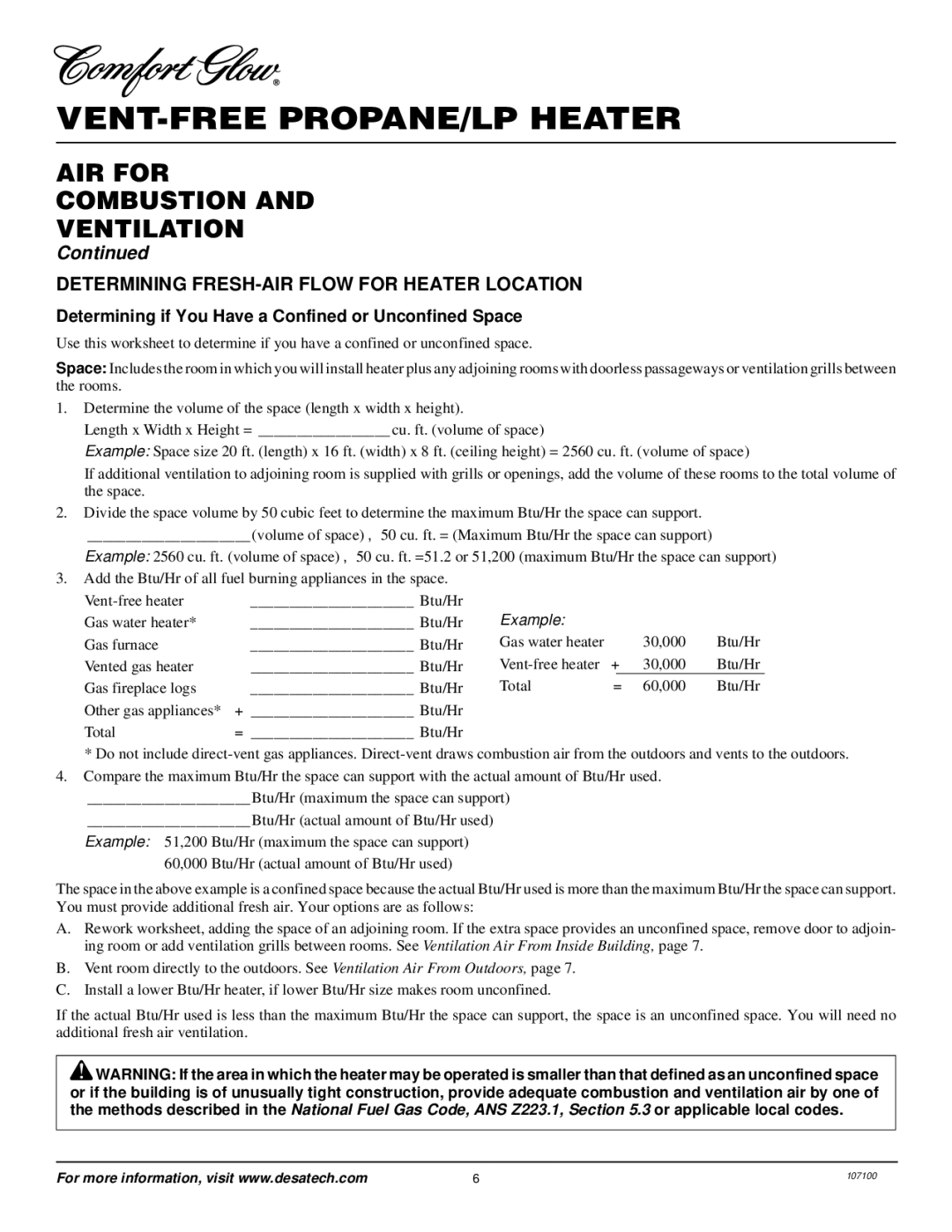 Desa RFP30TA installation manual AIR for Combustion Ventilation, Determining FRESH-AIR Flow for Heater Location 