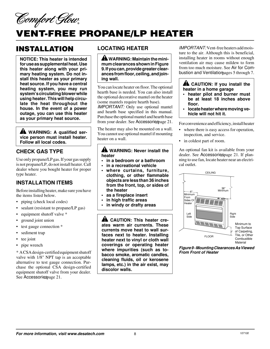 Desa RFP30TA installation manual Check GAS Type, Installation Items Locating Heater 