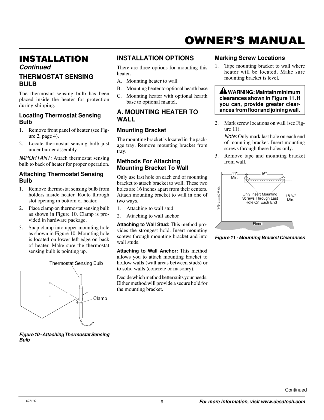 Desa RFP30TA installation manual Thermostat Sensing Bulb, Installation Options, Mounting Heater to Wall 