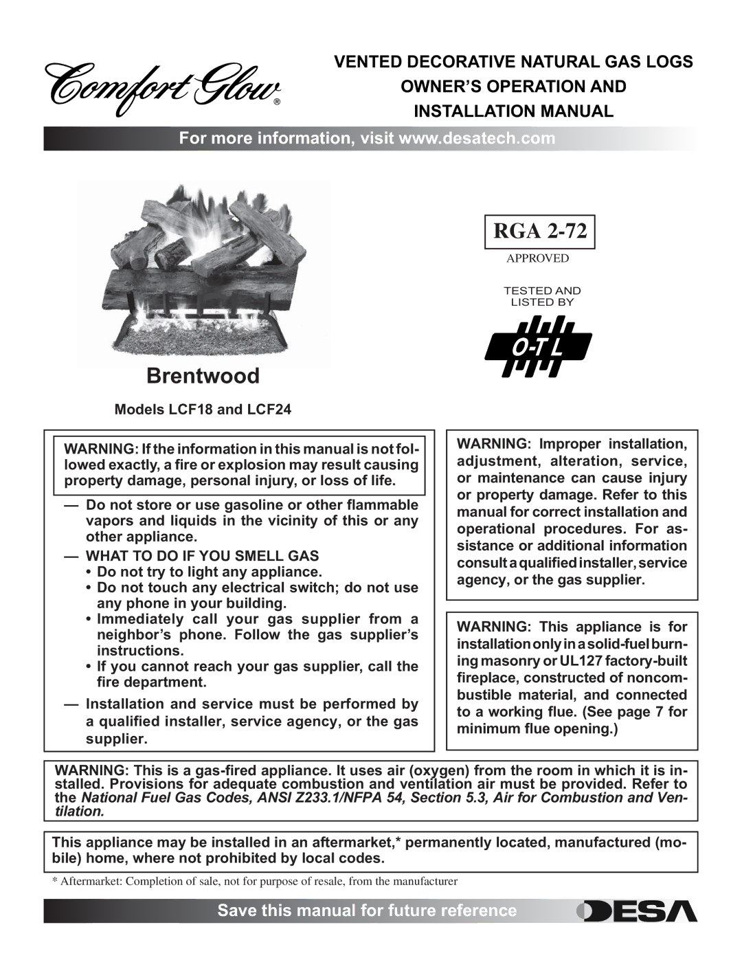 Desa RGA 2-72 installation manual Brentwood, What to do if YOU Smell GAS 