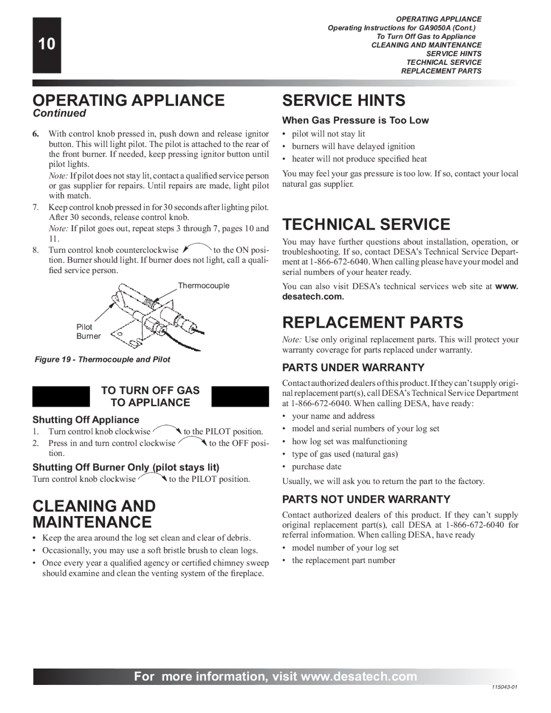 Desa RGA 2-72 installation manual Service Hints, Technical Service, Replacement Parts, Cleaning Maintenance 