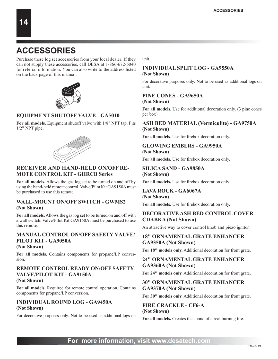 Desa RGA 2-72 installation manual Accessories, Equipment Shutoff Valve GA5010 