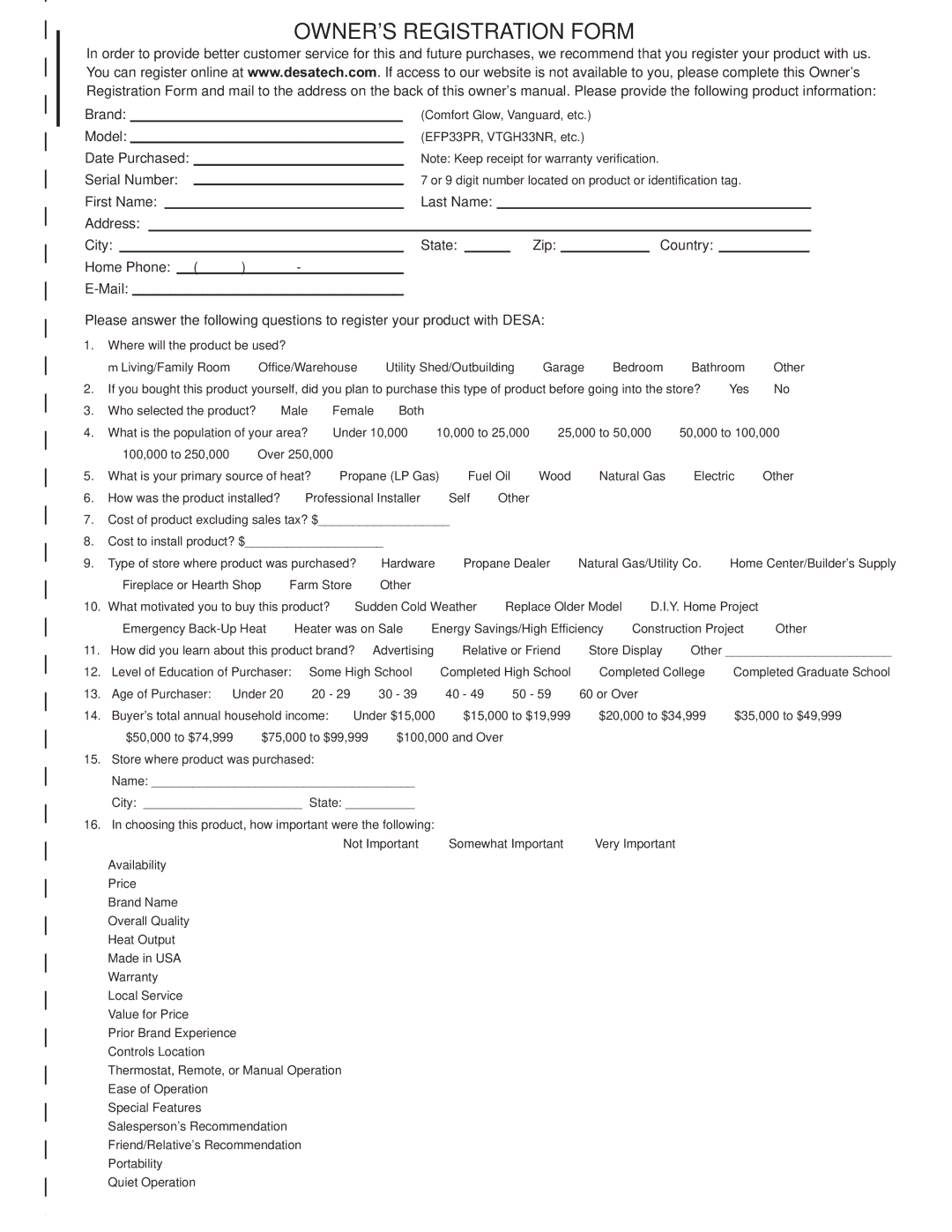 Desa RGA 2-72 installation manual Owners Registration Form 