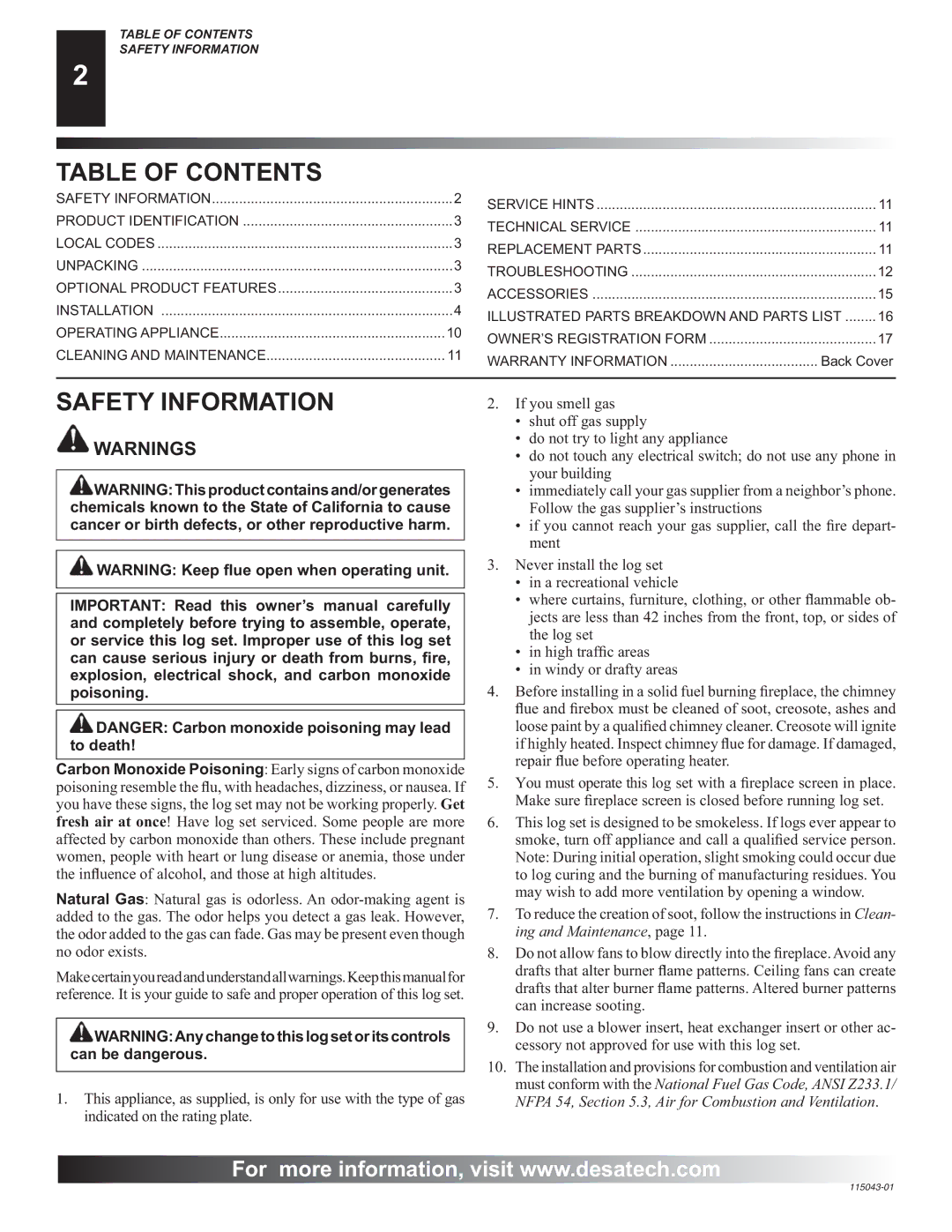 Desa RGA 2-72 installation manual Table of Contents 