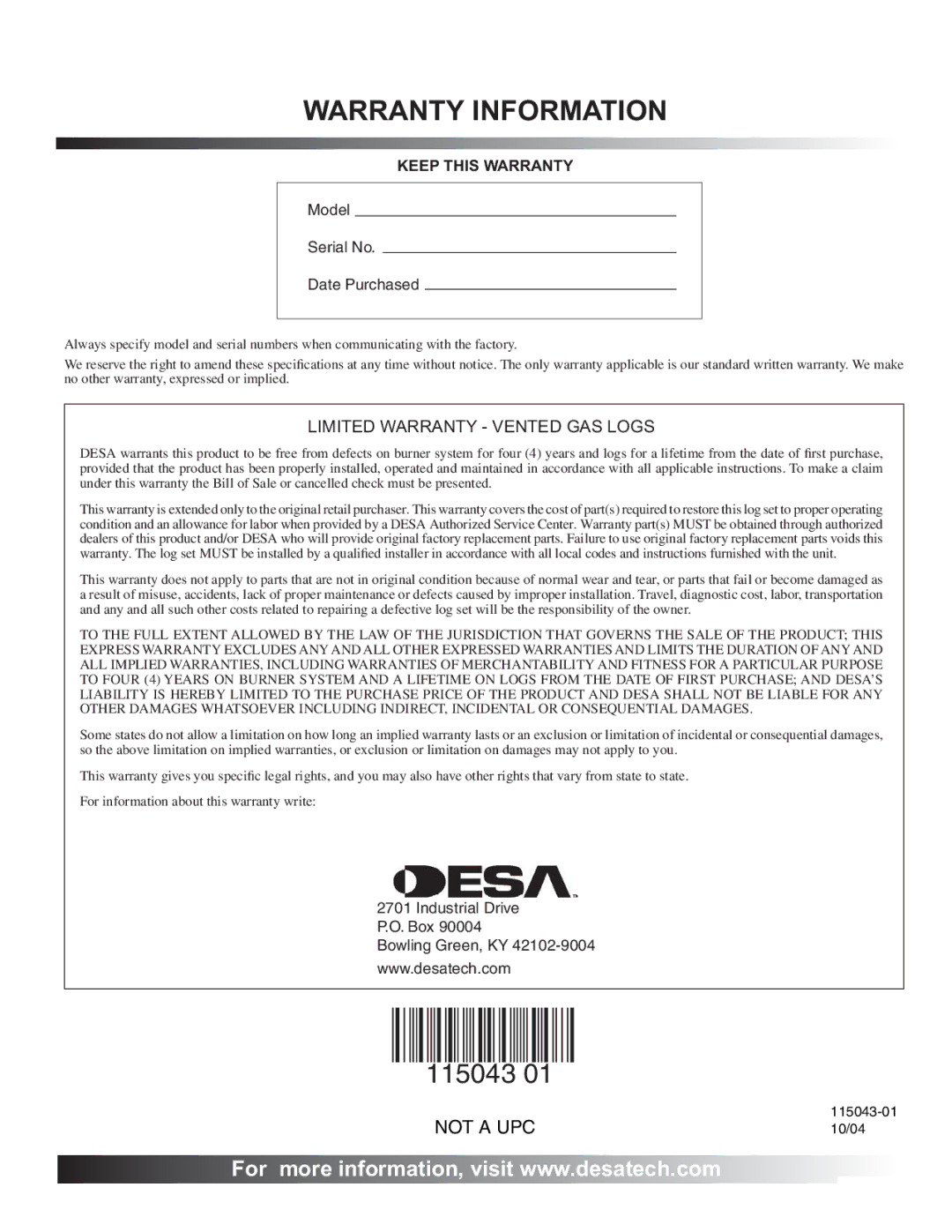 Desa RGA 2-72 installation manual Warranty Information, Keep this Warranty 