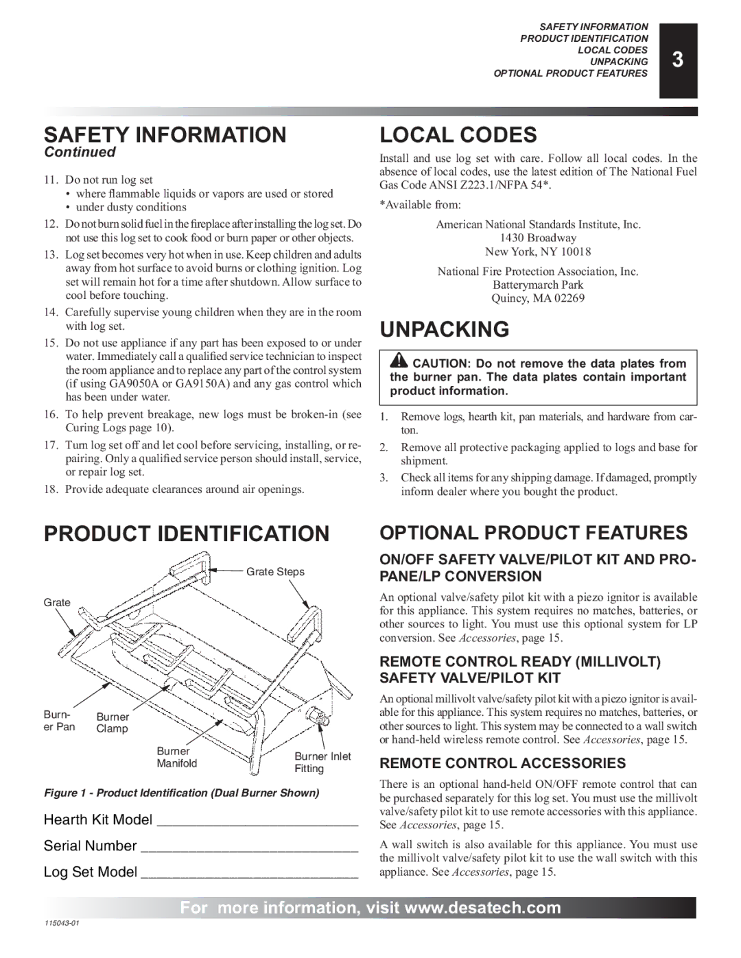 Desa RGA 2-72 installation manual Safety Information, Local Codes, Unpacking, Product Identification 