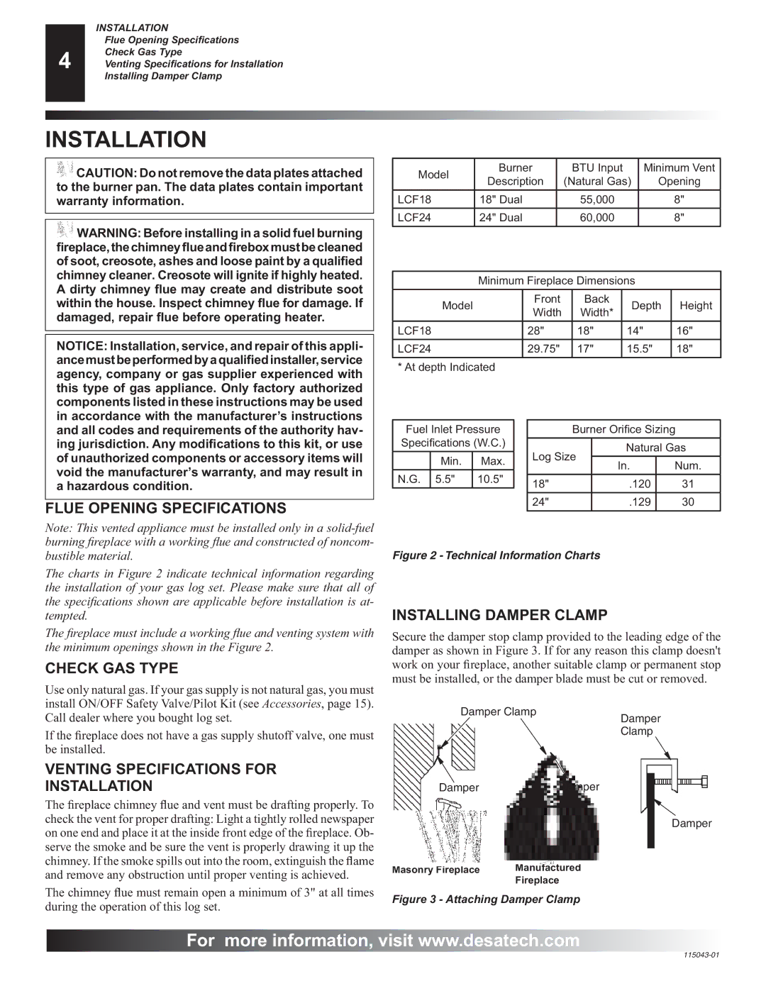 Desa RGA 2-72 installation manual Flue Opening Specifications, Check GAS Type, Venting Specifications for Installation 