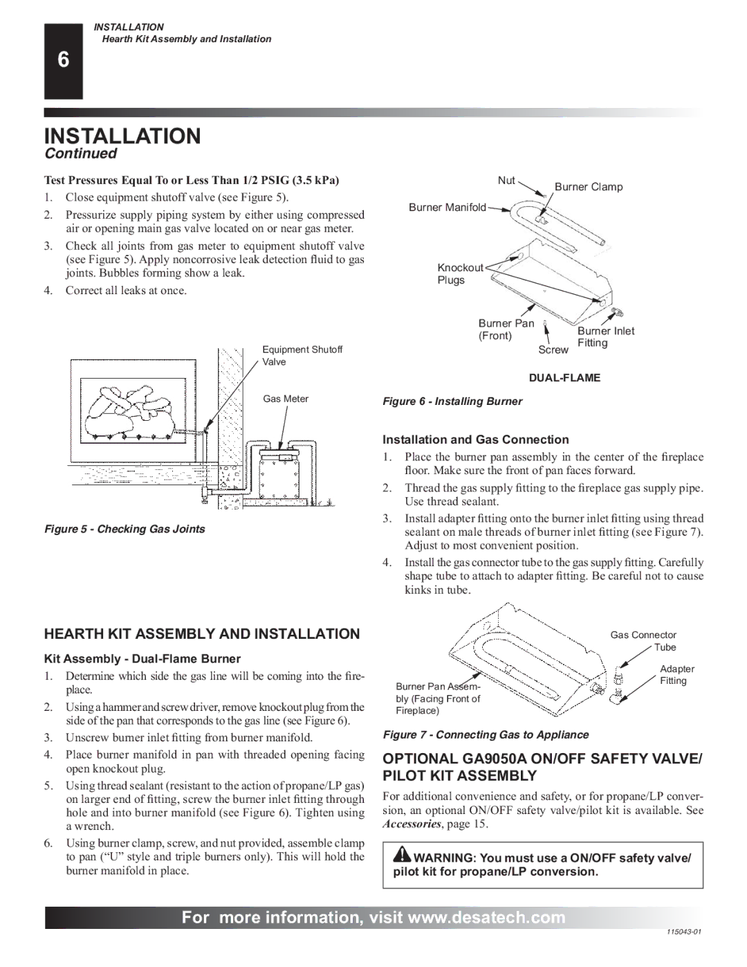 Desa RGA 2-72 Hearth KIT Assembly and Installation, Optional GA9050A ON/OFF Safety VALVE/ Pilot KIT Assembly 