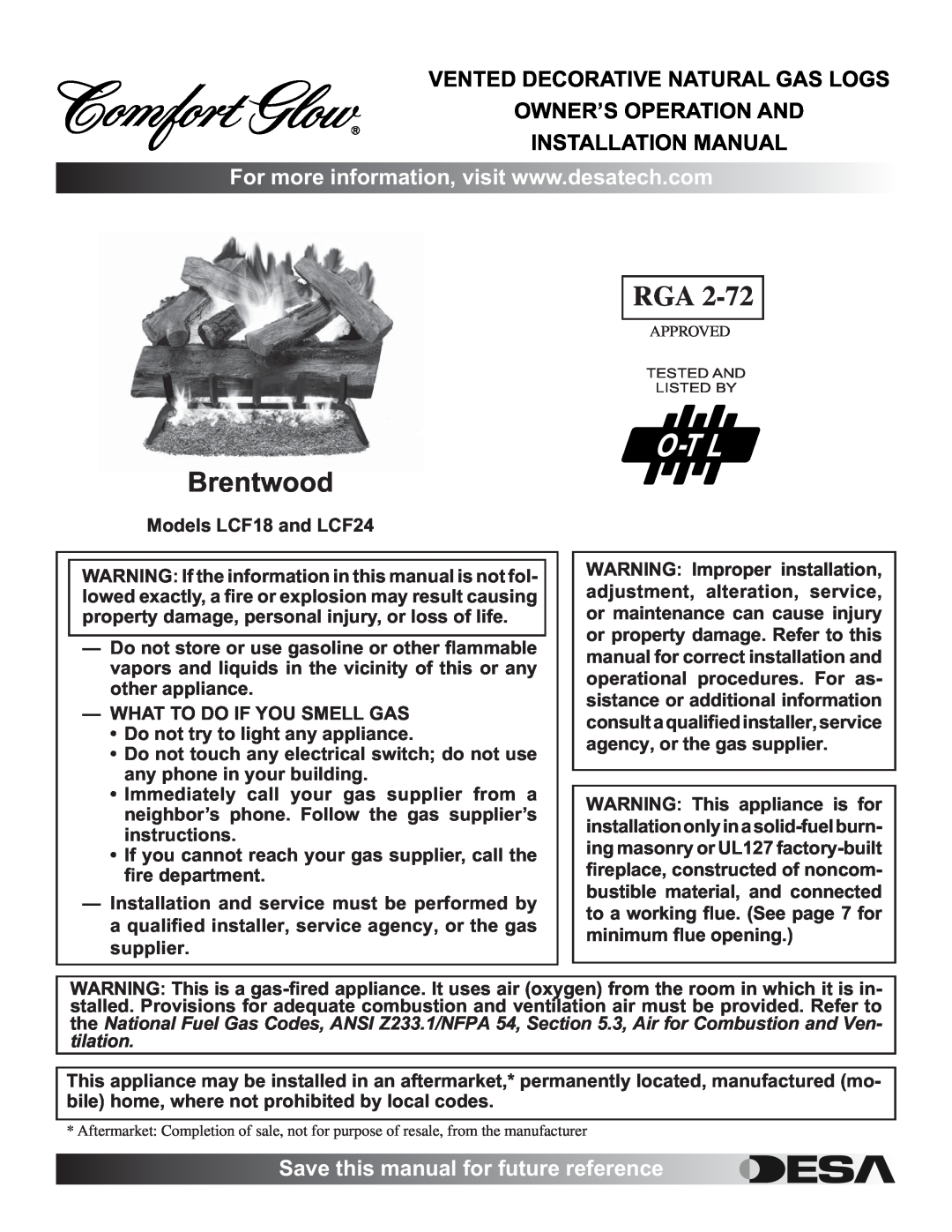 Desa RGA 2-72 installation manual Brentwood, Save this manual for future reference, Vented Decorative Natural Gas Logs 