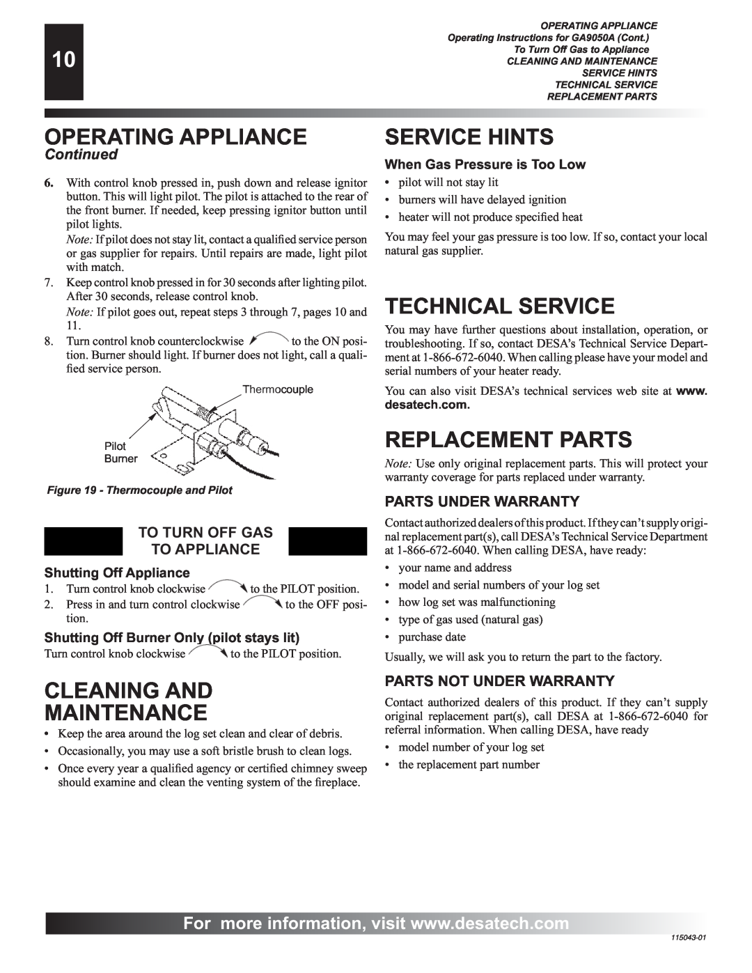 Desa RGA 2-72 Service Hints, Technical Service, Replacement Parts, Cleaning And Maintenance, Operating Appliance 