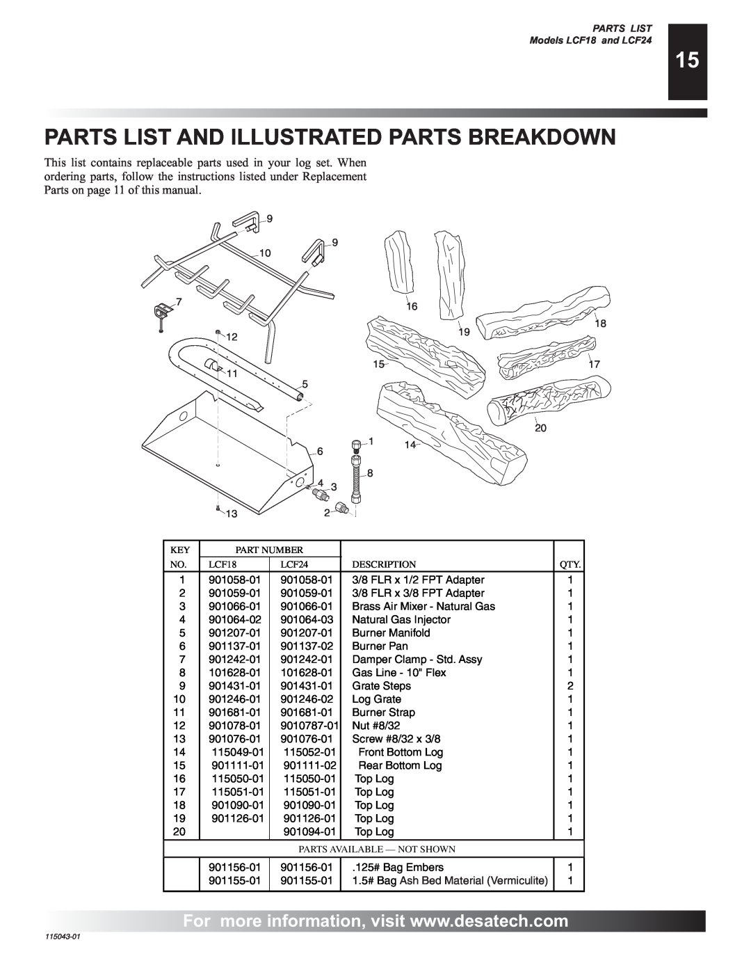 Desa RGA 2-72 installation manual Parts List And Illustrated Parts Breakdown, 1.5# Bag Ash Bed Material Vermiculite 