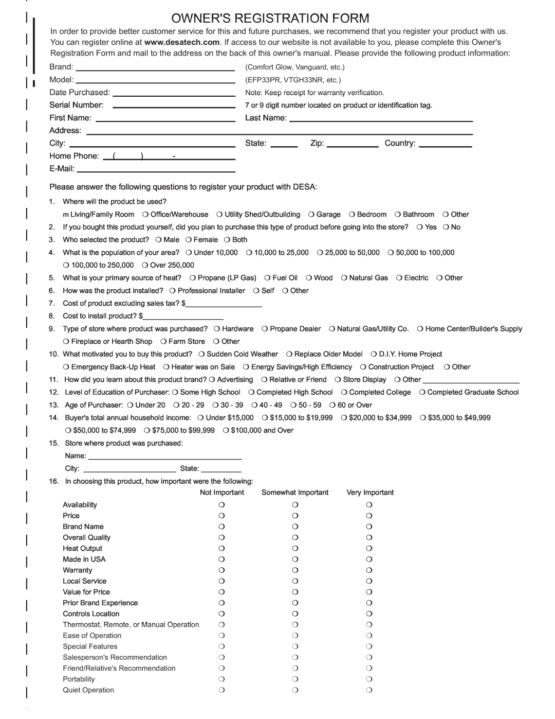 Desa RGA 2-72 installation manual Owners Registration Form 